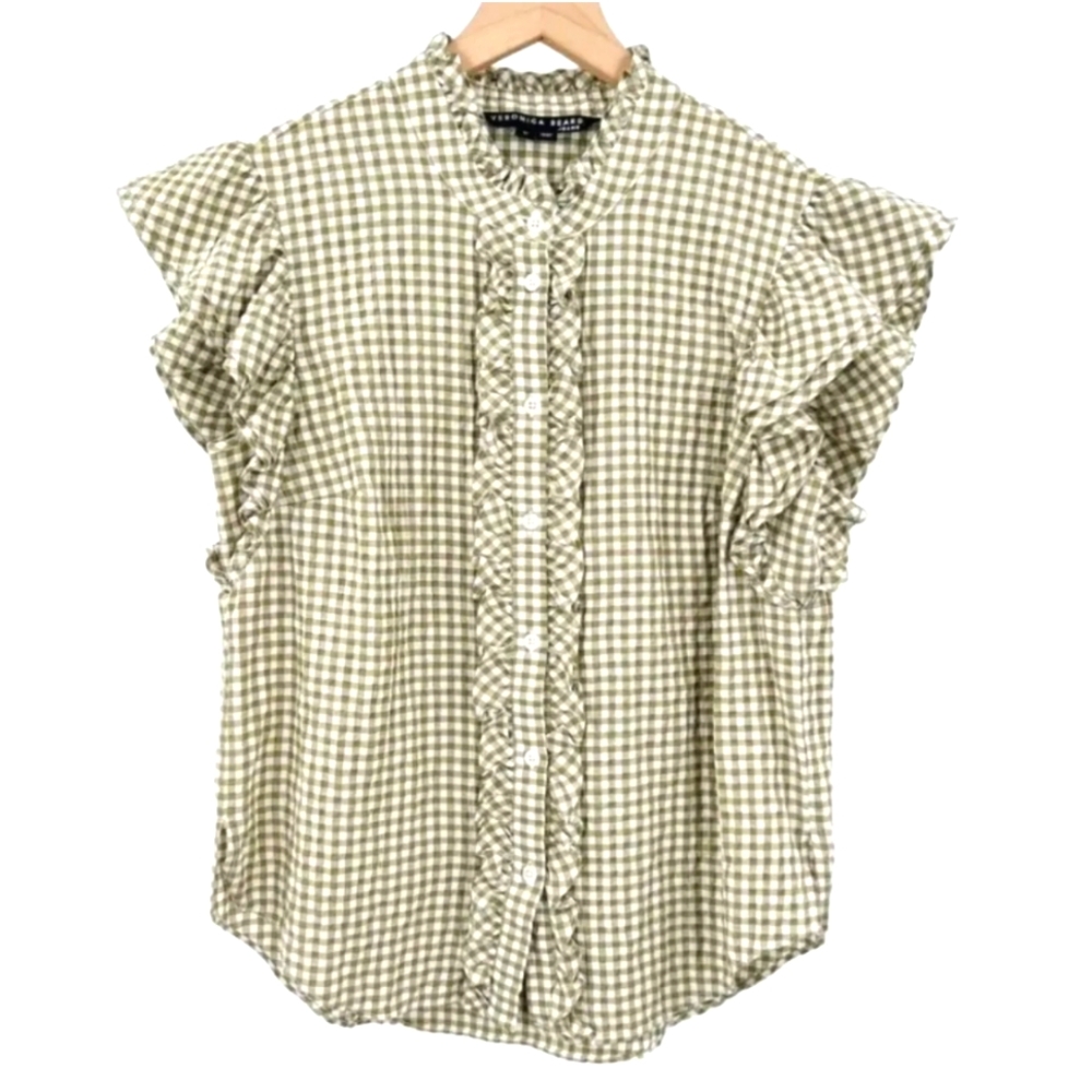 Veronica Beard Tenille Ruffled Sleeve Shirt Gingham Button XS Retails $278